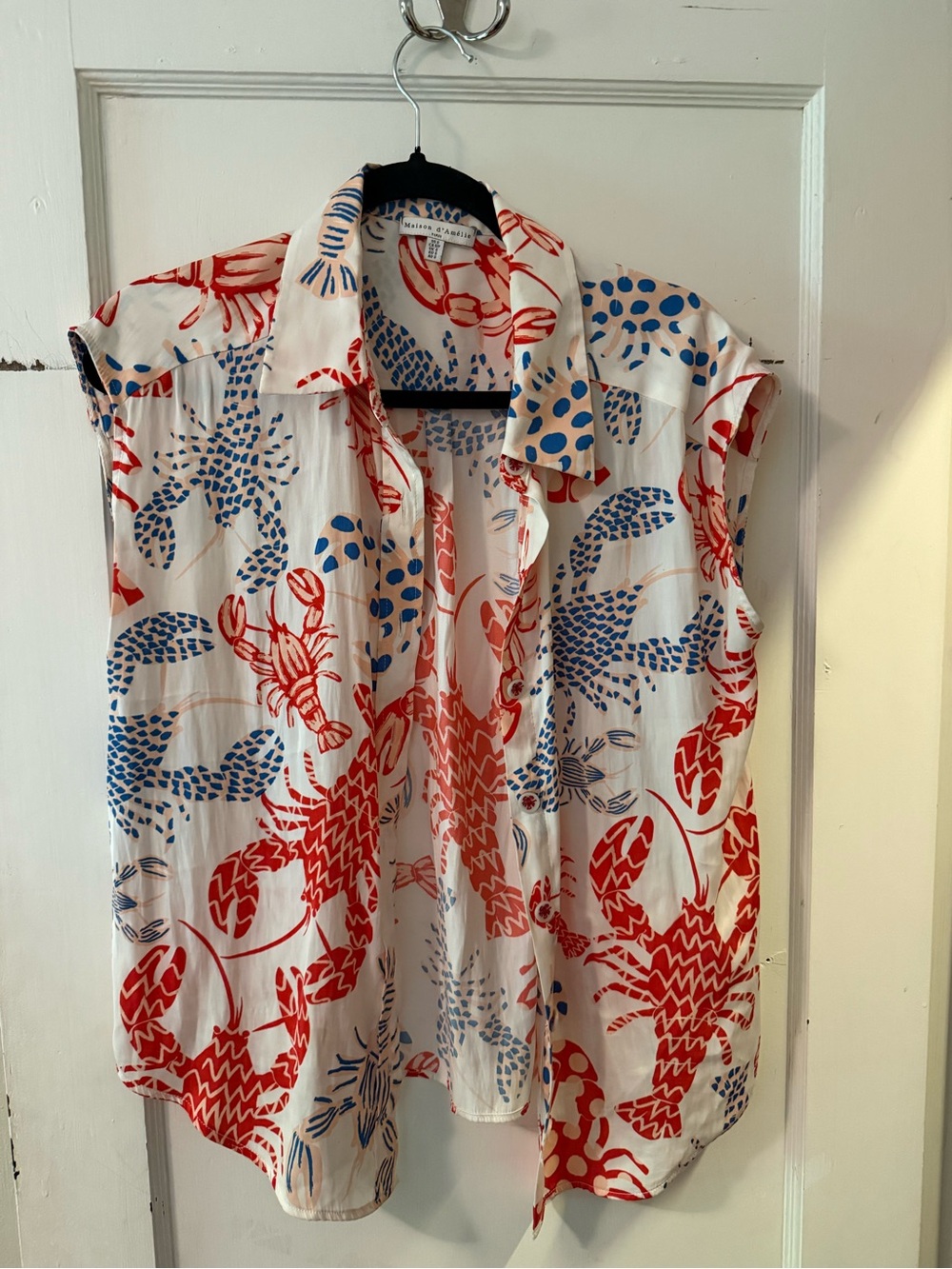 Lobster Crab Button-Up Blouse in White with Red & Blue Print